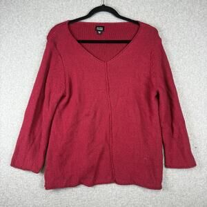 Eileen Fisher Women Size Medium Nylon Blend V Neck Red Pullover Knit Top Sweater